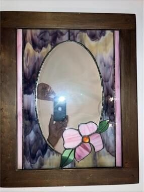 Vintage 1970’s Tiffany Style Stained Glass Mirror Retro Home Decor Rose 16x20